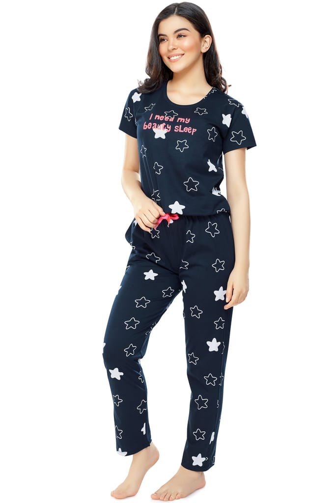 ZEYO Women's Cotton Green Star Printed Stylish Night suit set