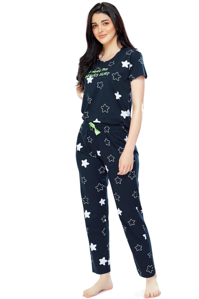 ZEYO Women's Cotton Green Star Printed Stylish Night suit set