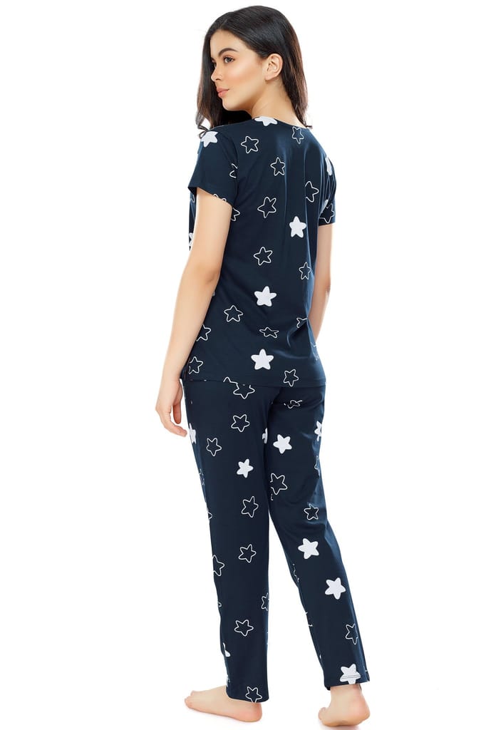 ZEYO Women's Cotton Green Star Printed Stylish Night suit set