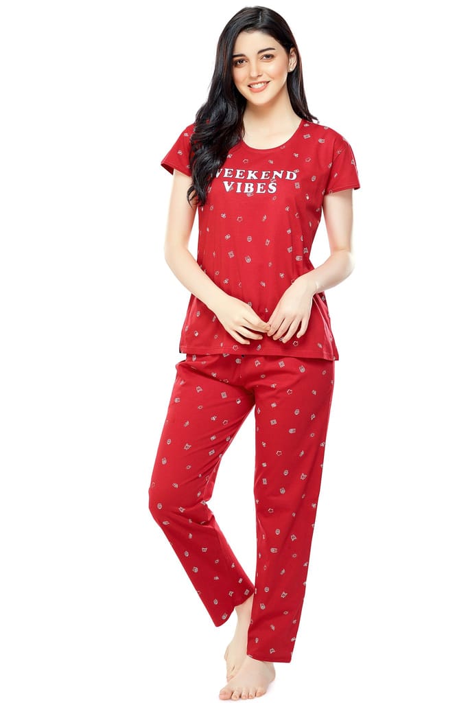 ZEYO Women's Cotton Navy Blue Printed Stylish Night suit set