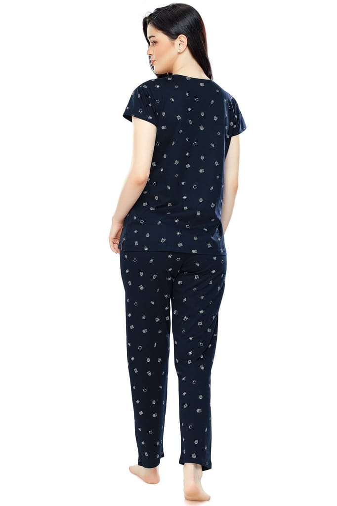 ZEYO Women's Cotton Navy Blue Printed Stylish Night suit set