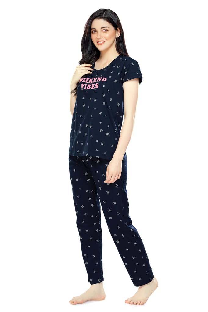 ZEYO Women's Cotton Navy Blue Printed Stylish Night suit set