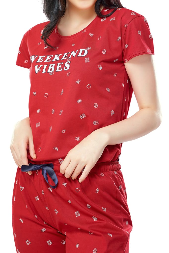 ZEYO Women's Cotton Navy Blue Printed Stylish Night suit set