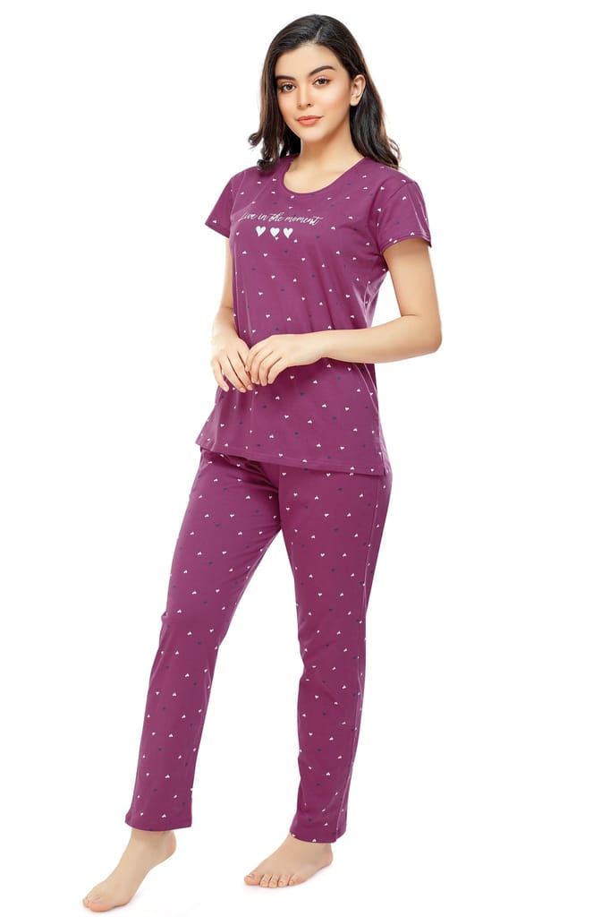 ZEYO Women's Cotton Navy Blue Heart Printed Stylish Night suit set