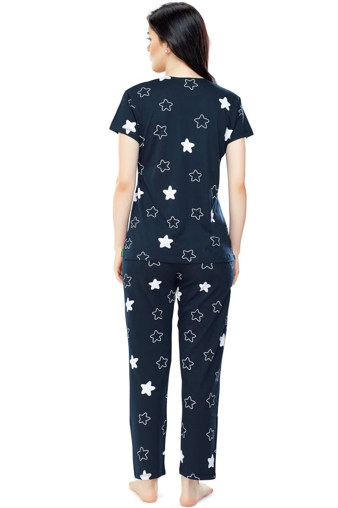 ZEYO Women's Cotton Green Star Printed Stylish Night suit set