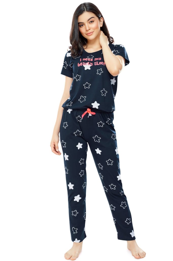 ZEYO Women's Cotton Green Star Printed Stylish Night suit set