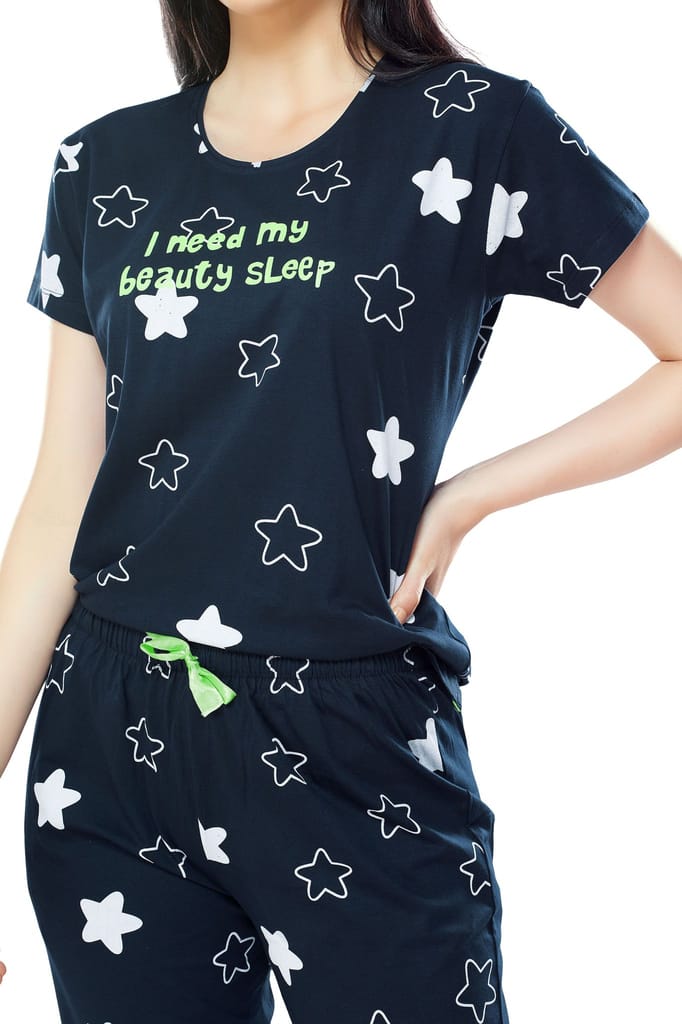 ZEYO Women's Cotton Green Star Printed Stylish Night suit set