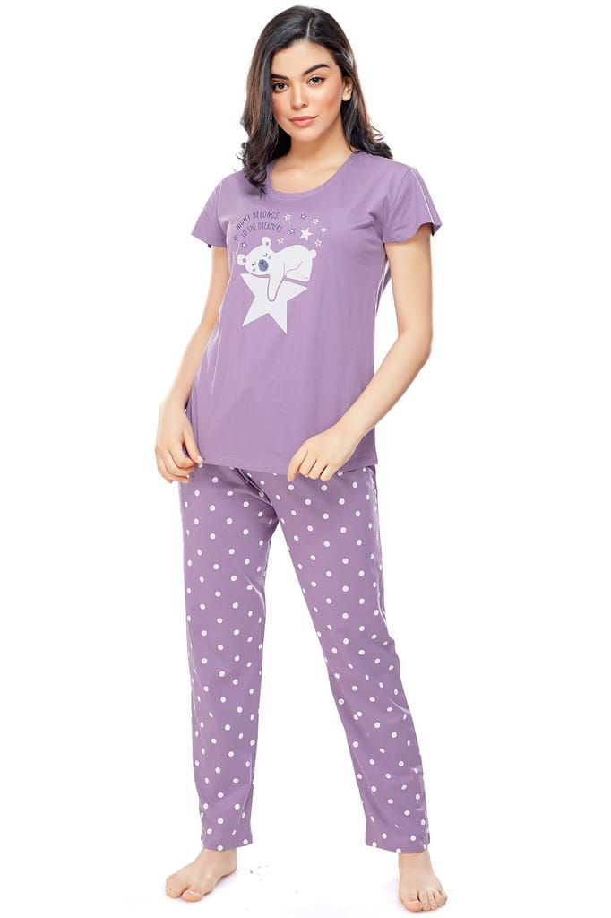 ZEYO Women's Cotton Pink Polka Dot Printed Stylish Night suit