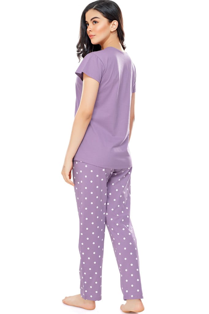 ZEYO Women's Cotton Pink Polka Dot Printed Stylish Night suit