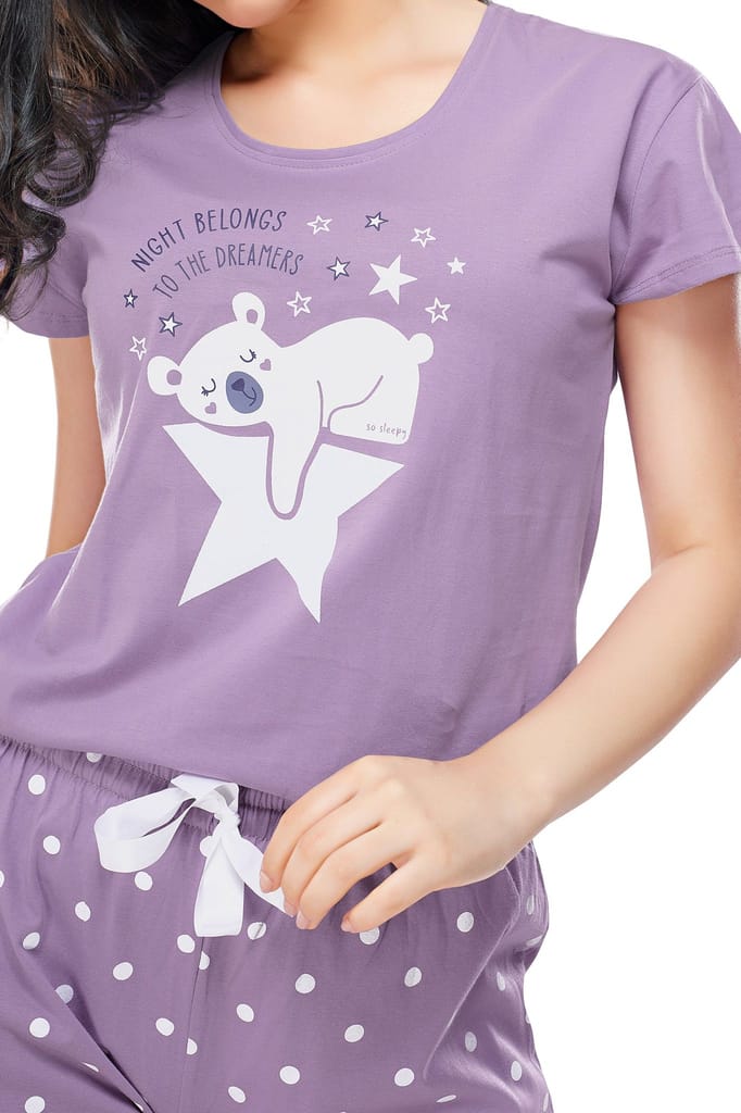 ZEYO Women's Cotton Pink Polka Dot Printed Stylish Night suit