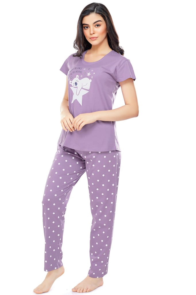 ZEYO Women's Cotton Pink Polka Dot Printed Stylish Night suit