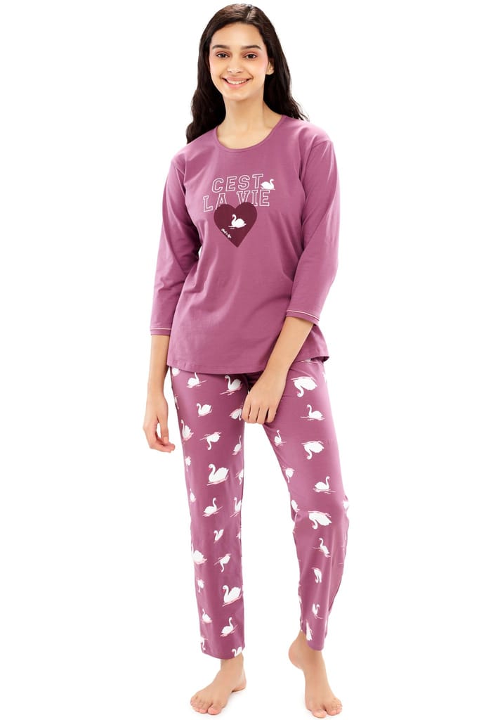 ZEYO Women's Cotton Brown Swan Printed Night suit set