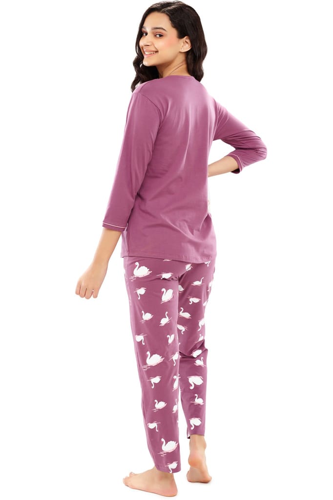 ZEYO Women's Cotton Brown Swan Printed Night suit set