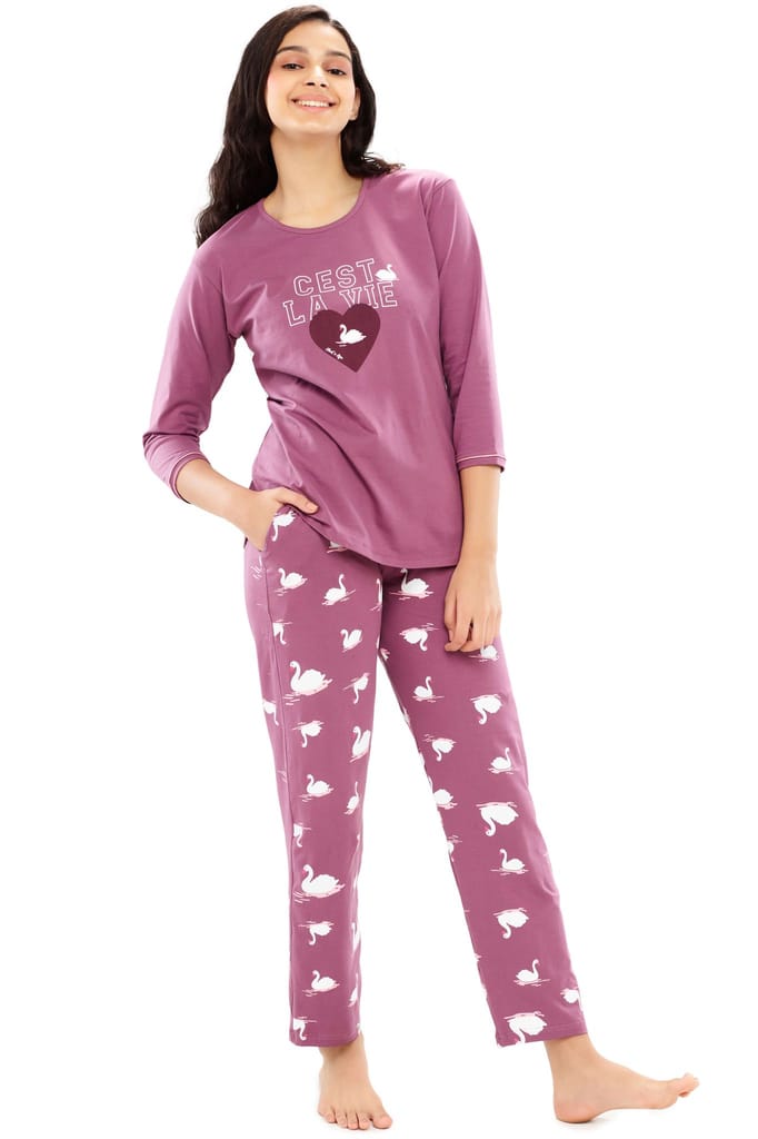 ZEYO Women's Cotton Brown Swan Printed Night suit set