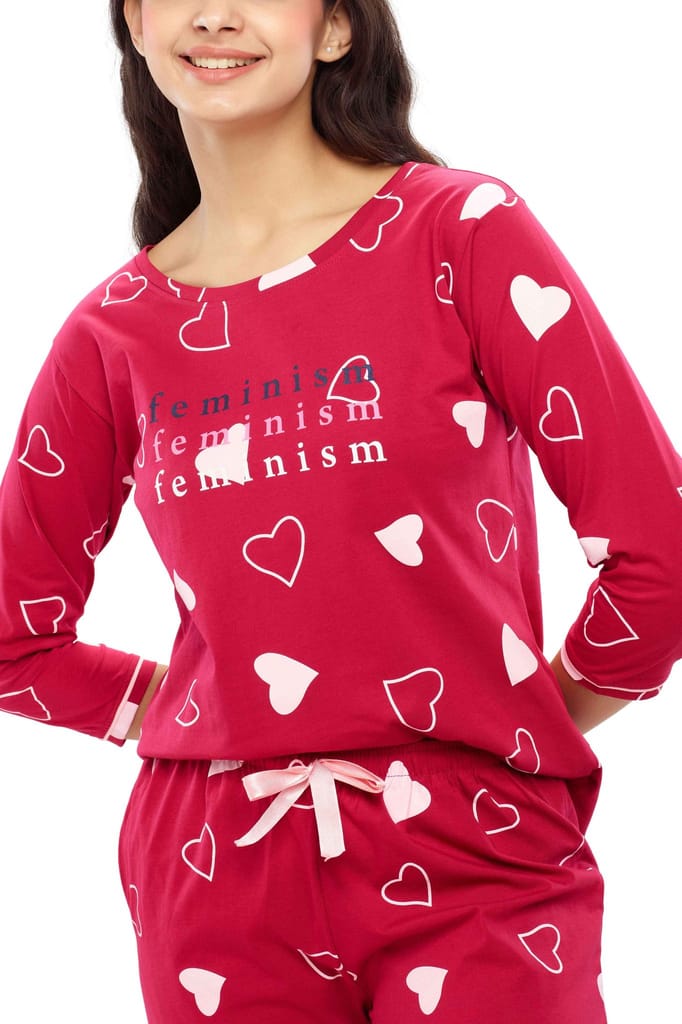 ZEYO Women's Cotton Red Heart Printed Night suit set