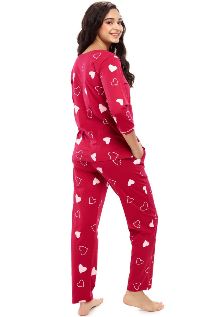 ZEYO Women's Cotton Red Heart Printed Night suit set