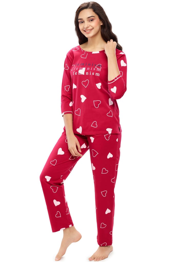 ZEYO Women's Cotton Red Heart Printed Night suit set