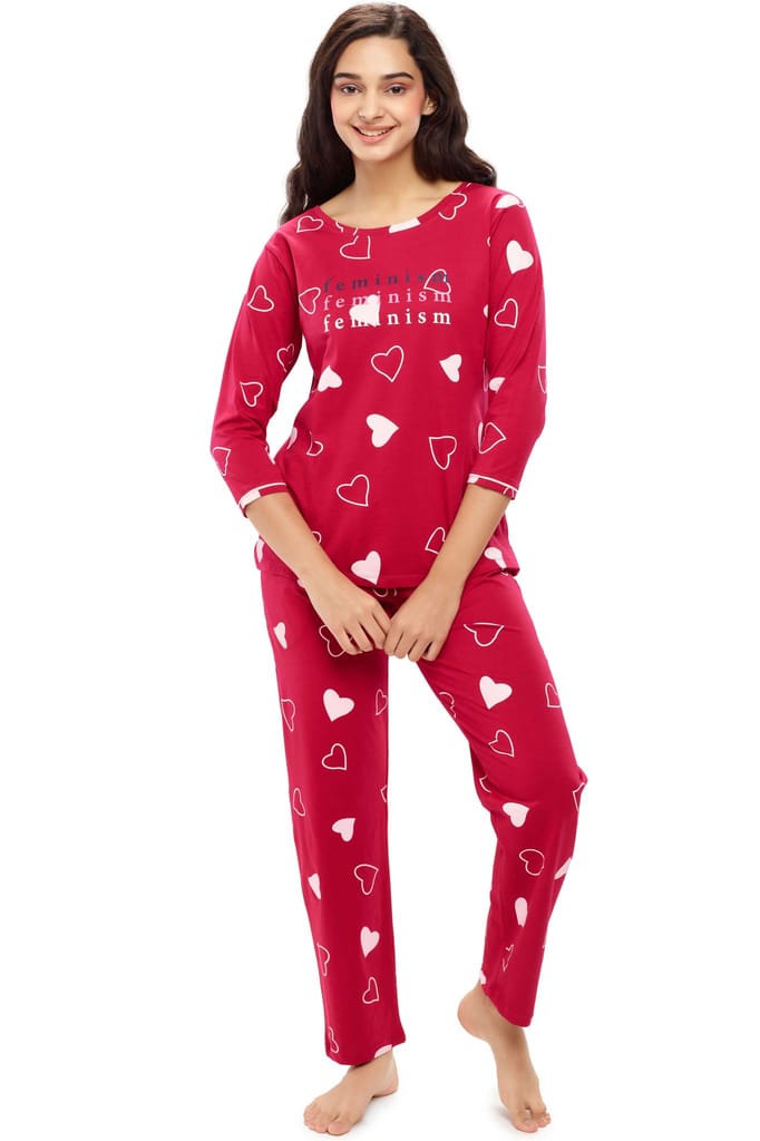 ZEYO Women's Cotton Red Heart Printed Night suit set