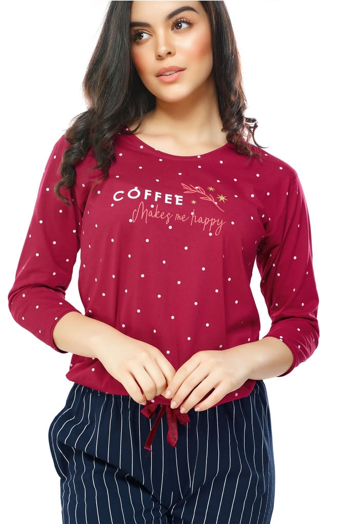 ZEYO Women's Cotton Red Dot Printed Stylish Night suit set