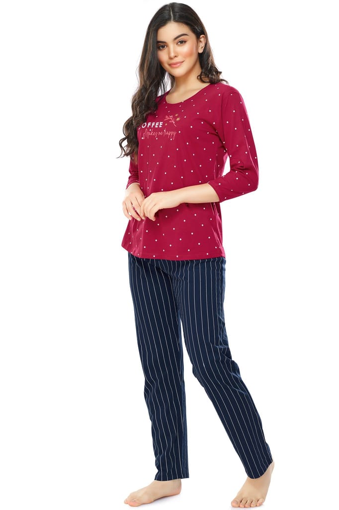 ZEYO Women's Cotton Red Dot Printed Stylish Night suit set