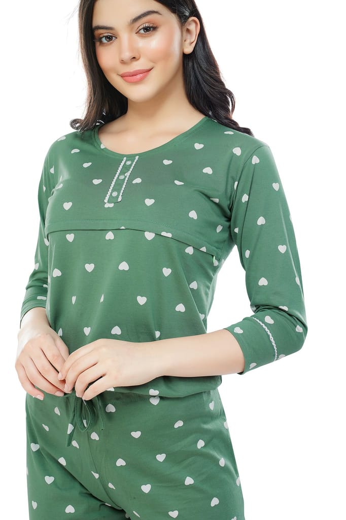 ZEYO Women Cotton Green Heart Print Nursing & Feeding Night Suit