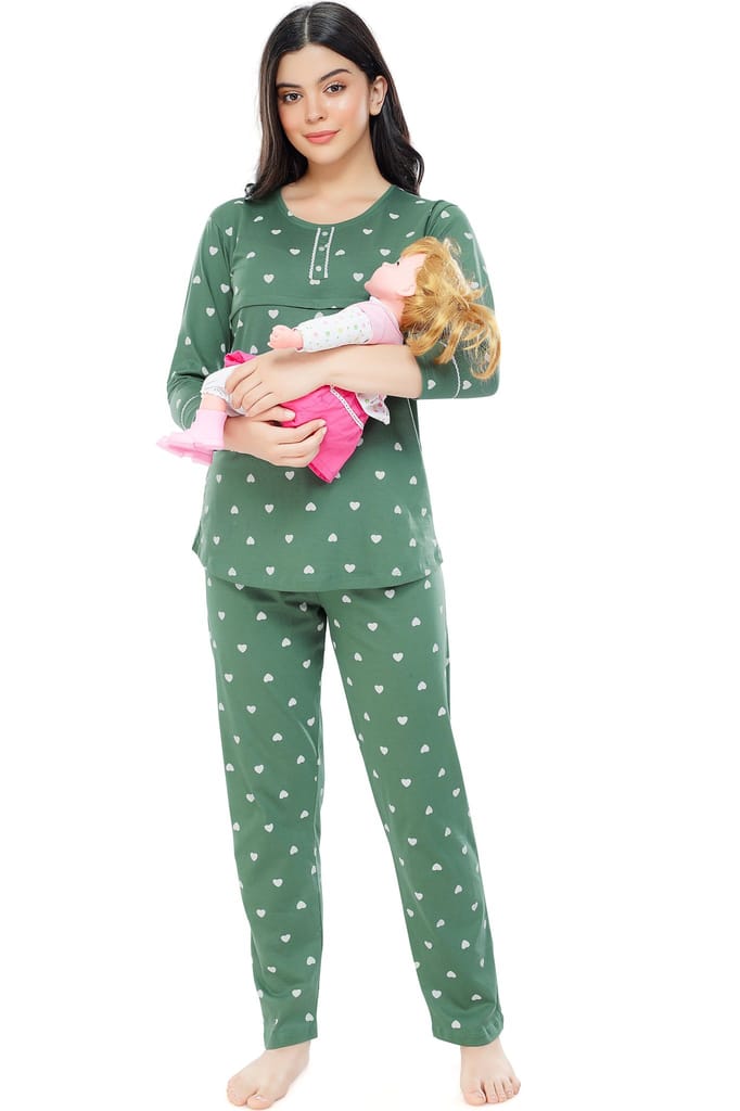 ZEYO Women Cotton Green Heart Print Nursing & Feeding Night Suit