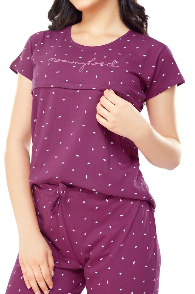 ZEYO Women Cotton Navy Blue Flash Print Nursing & Feeding Night Suit