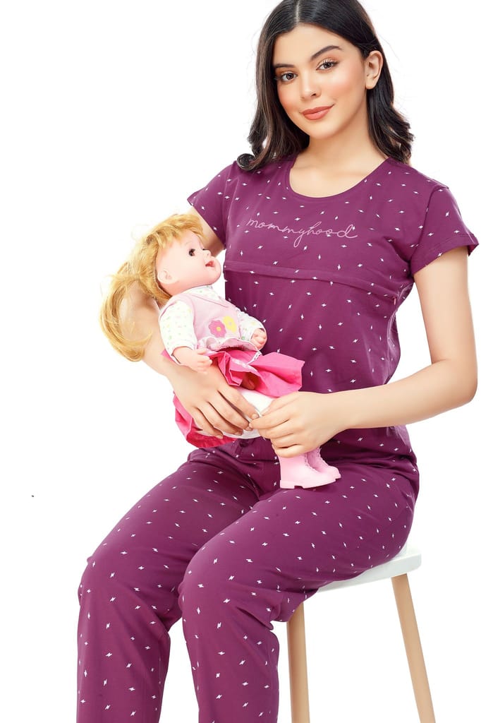 ZEYO Women Cotton Navy Blue Flash Print Nursing & Feeding Night Suit