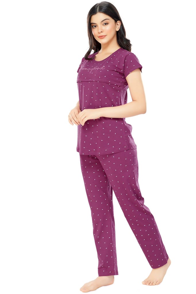 ZEYO Women Cotton Navy Blue Flash Print Nursing & Feeding Night Suit