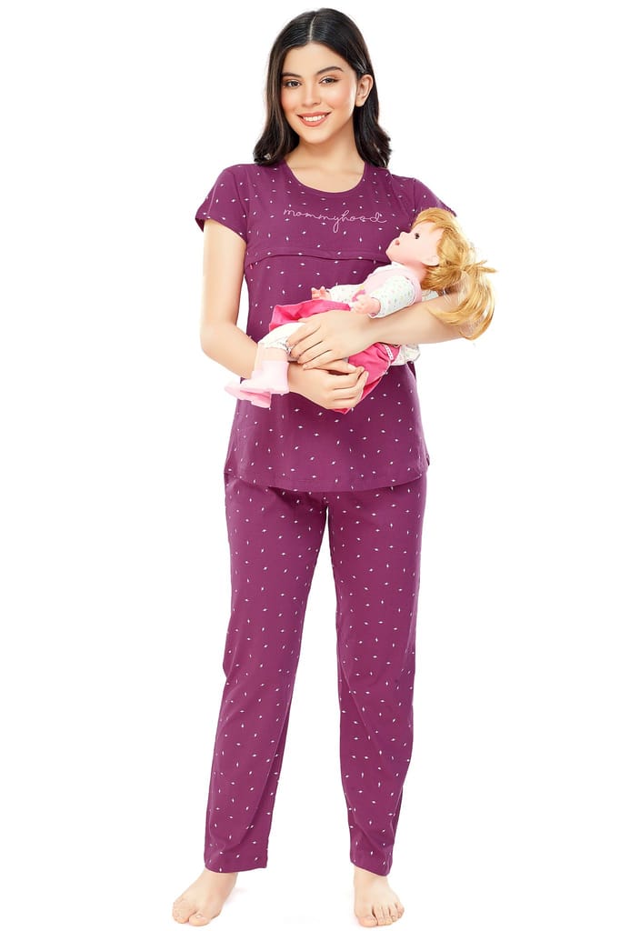 ZEYO Women Cotton Navy Blue Flash Print Nursing & Feeding Night Suit