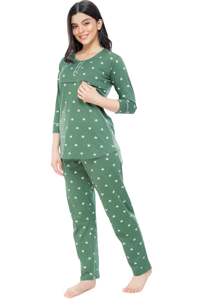 ZEYO Women Cotton Green Heart Print Nursing & Feeding Night Suit