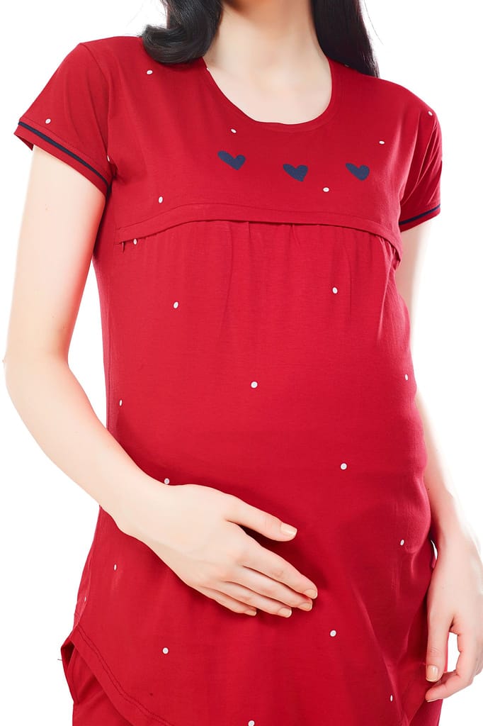 ZEYO Women Cotton Navy Blue Dot Print Maternity & Feeding Night Suit