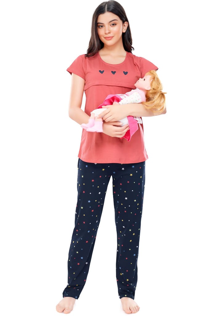 ZEYO Women Cotton Blue Star Print Nursing & Feeding Night Suit