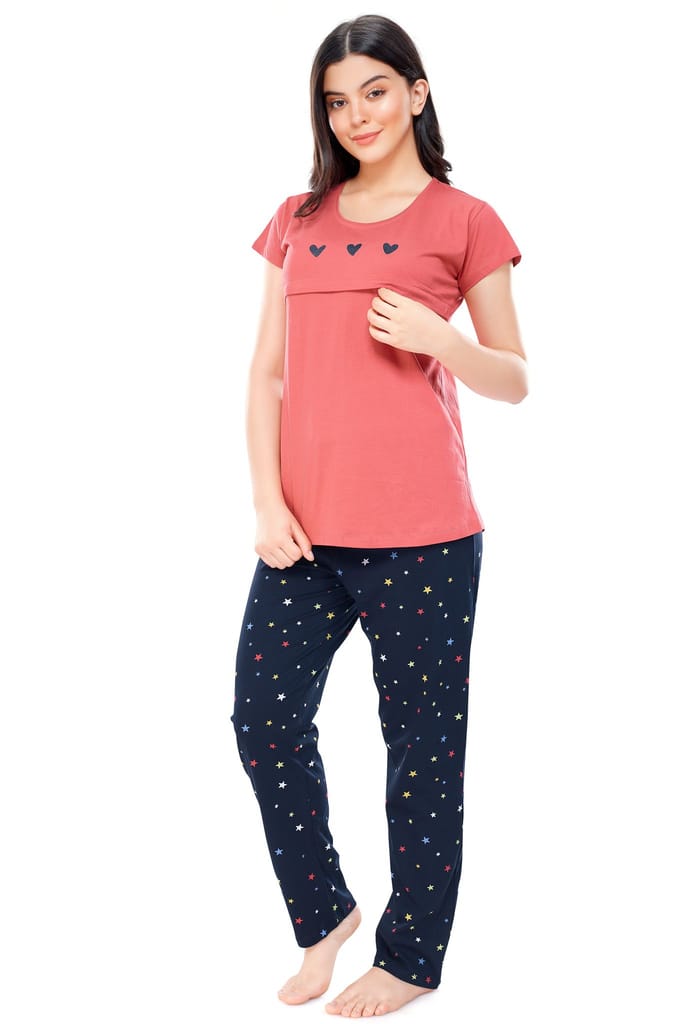 ZEYO Women Cotton Blue Star Print Nursing & Feeding Night Suit