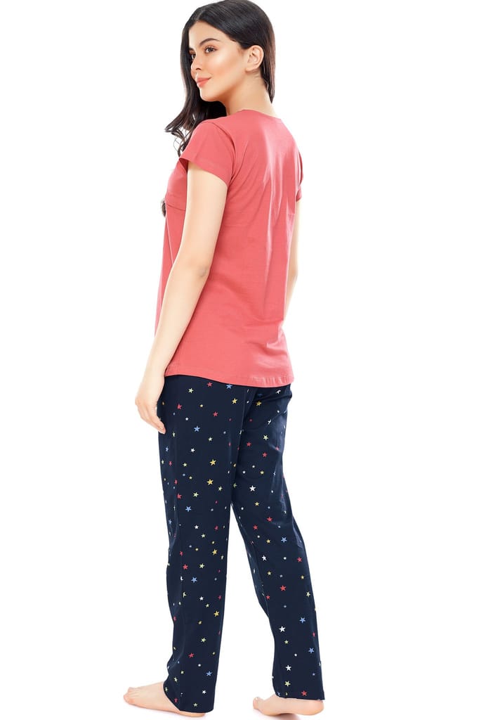 ZEYO Women Cotton Blue Star Print Nursing & Feeding Night Suit