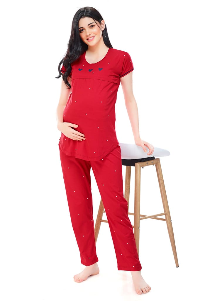 ZEYO Women Cotton Navy Blue Dot Print Maternity & Feeding Night Suit