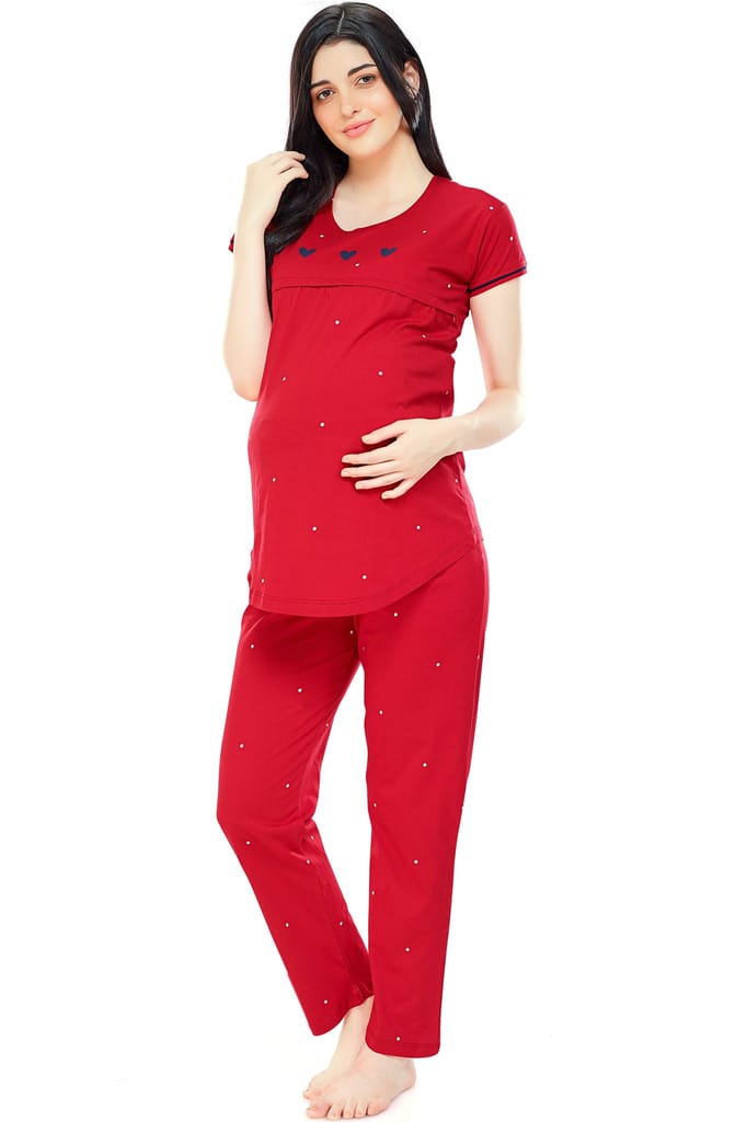 ZEYO Women Cotton Navy Blue Dot Print Maternity & Feeding Night Suit