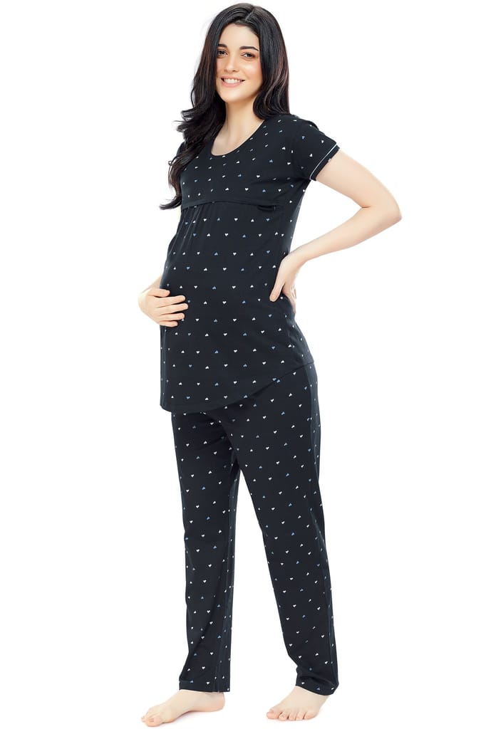 ZEYO Women Cotton Navy Blue Heart Print Maternity & Feeding Night Suit