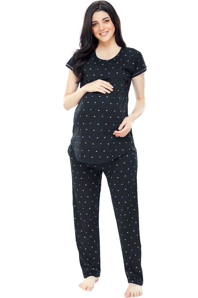 ZEYO Women Cotton Navy Blue Heart Print Maternity & Feeding Night Suit