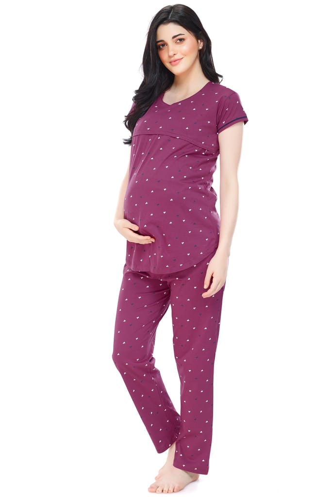 ZEYO Women Cotton Navy Blue Heart Print Maternity & Feeding Night Suit