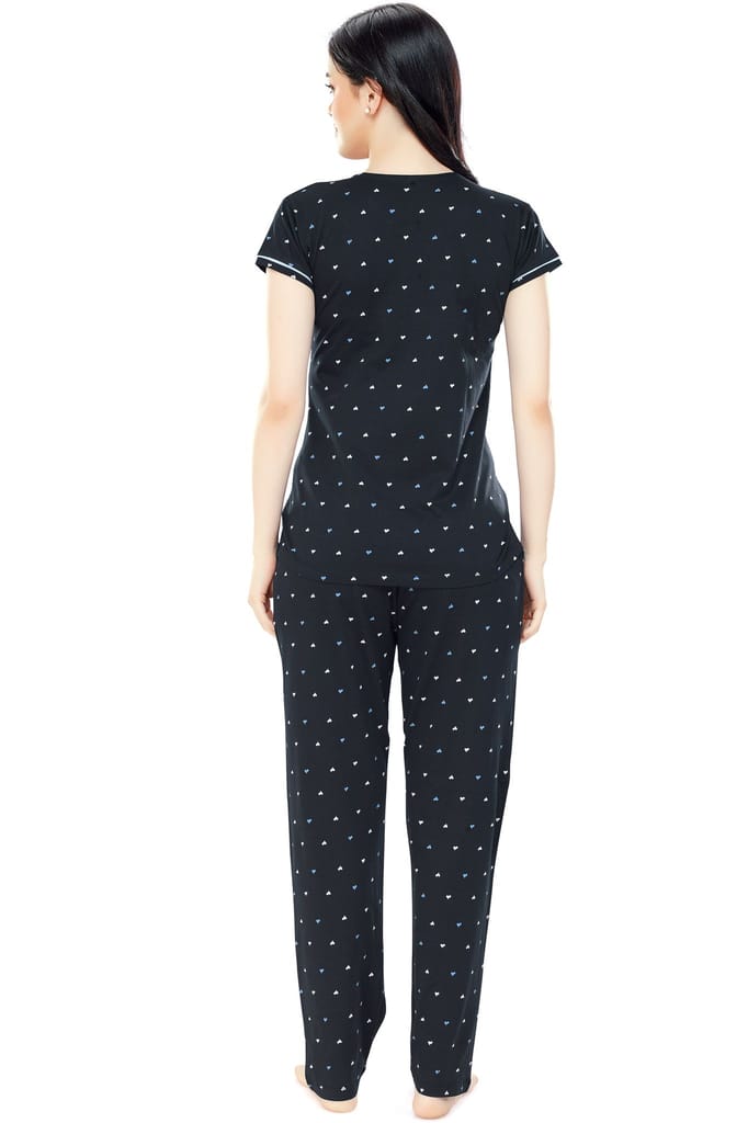 ZEYO Women Cotton Navy Blue Heart Print Maternity & Feeding Night Suit