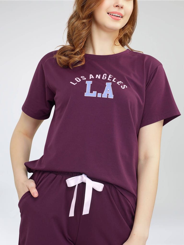 ZEYO Women's Cotton Navy Blue Typography Printed Night Suit Set of Top & Shorts