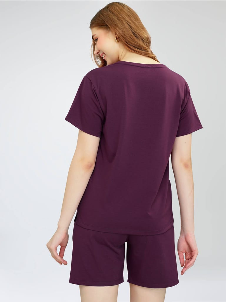 ZEYO Women's Cotton Navy Blue Typography Printed Night Suit Set of Top & Shorts