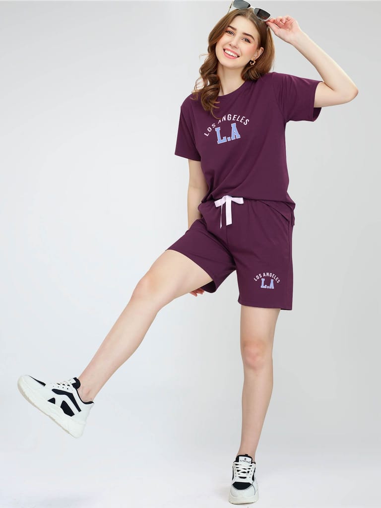 ZEYO Women's Cotton Navy Blue Typography Printed Night Suit Set of Top & Shorts