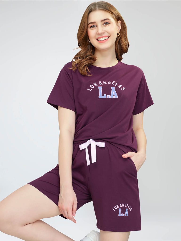 ZEYO Women's Cotton Navy Blue Typography Printed Night Suit Set of Top & Shorts