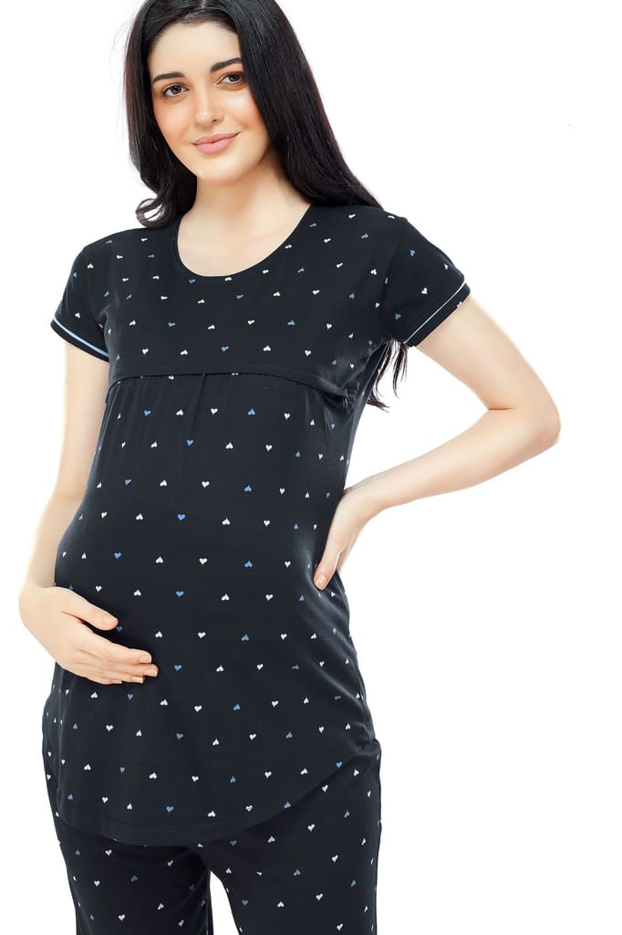 ZEYO Women Cotton Navy Blue Heart Print Maternity & Feeding Night Suit