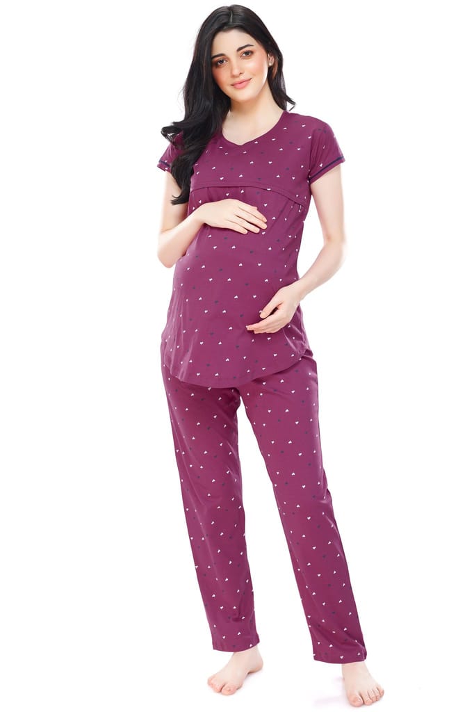 ZEYO Women Cotton Navy Blue Heart Print Maternity & Feeding Night Suit