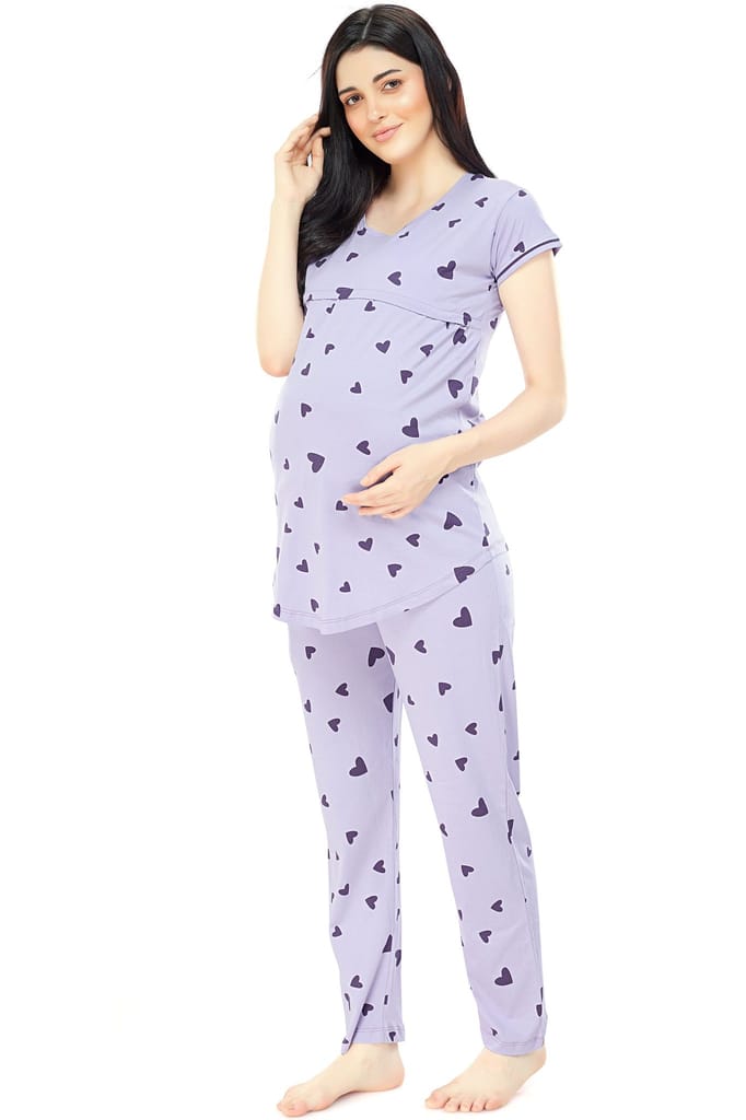 ZEYO Women Cotton Pink Heart Print Maternity & Feeding Night Suit