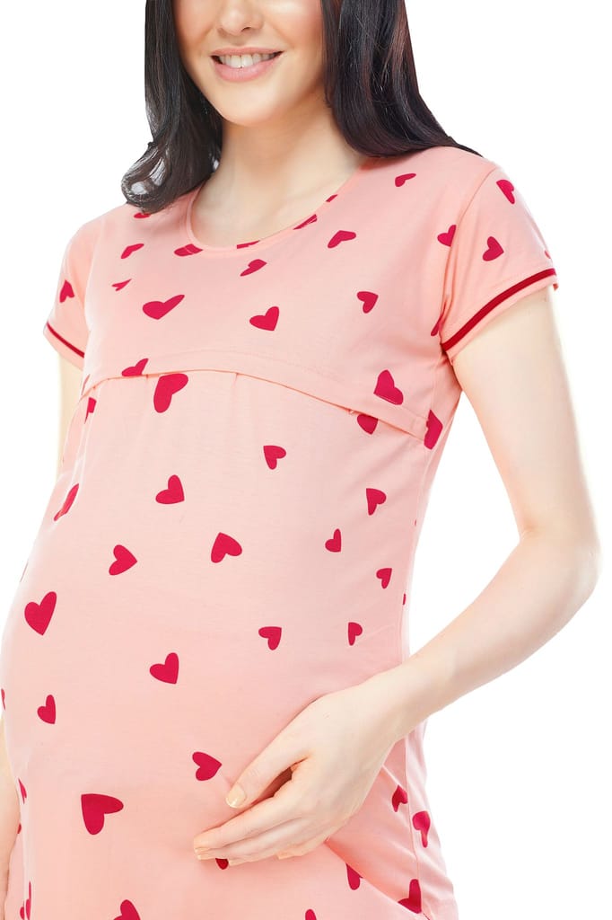 ZEYO Women Cotton Pink Heart Print Maternity & Feeding Night Suit