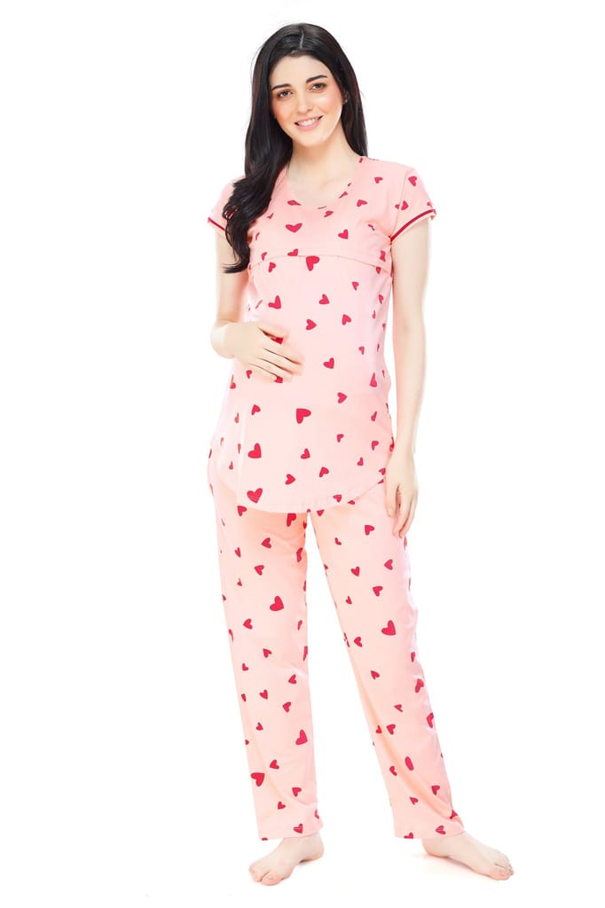 ZEYO Women Cotton Pink Heart Print Maternity & Feeding Night Suit